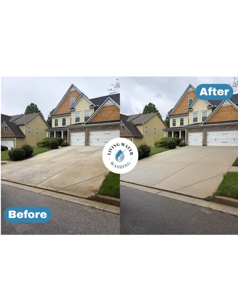 Before and after driveway cleaning beside a two-story home