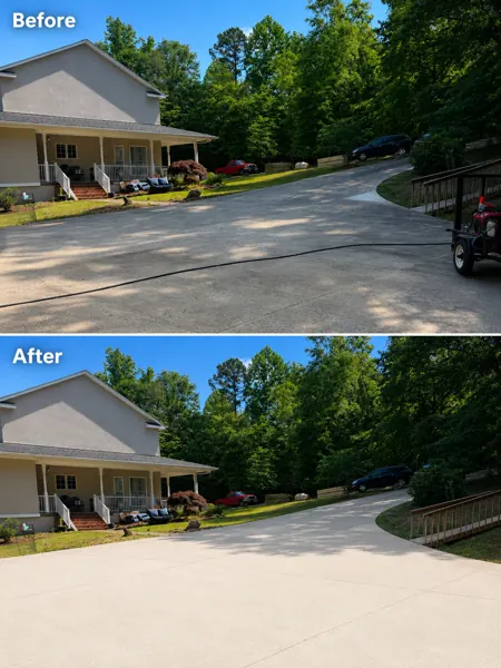 Before and after cleaning a wide curved driveway