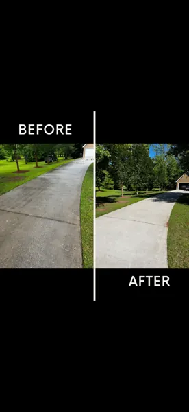 Before and after cleaning a long residential driveway