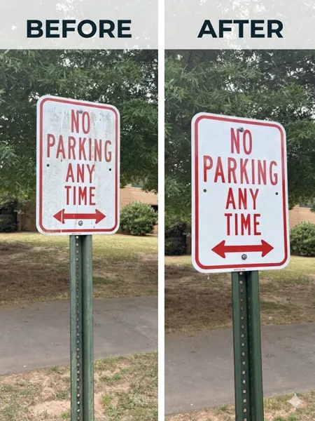 Before and after cleaning a no-parking sign