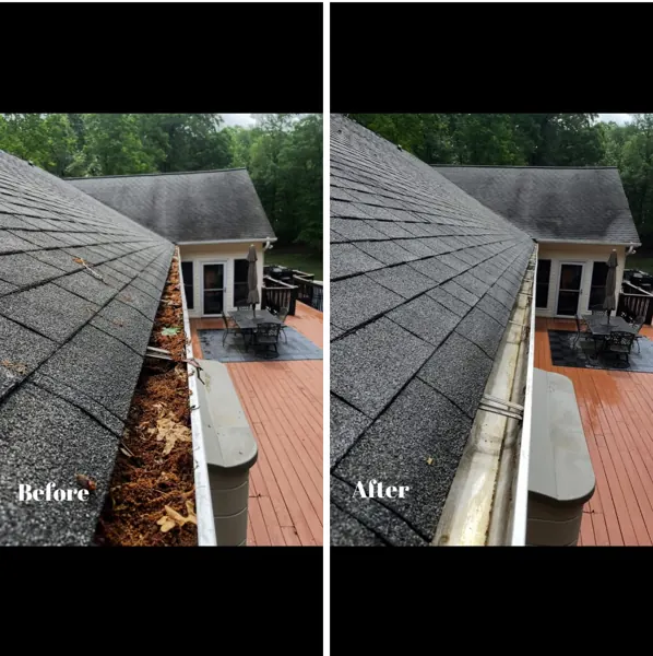 Before and after clearing leaves and debris from a gutter